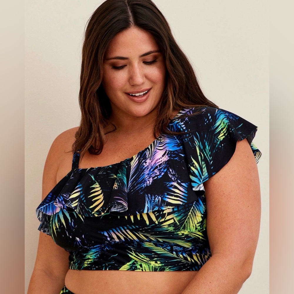 torrid Black One-Shoulder Ruffle Swim Top with Blue and Green Leaf Print Size 0